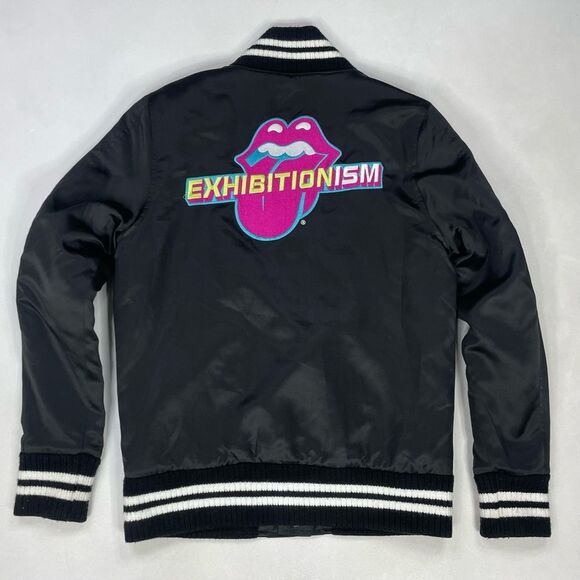 The Rolling Stones Exhibitionism Satin Bomber Jacket Women Small Black Musicc - Picture 1 of 6